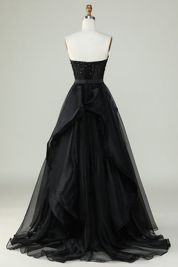 Sparkly Sweetheart Black Ball Gown Long Corset Formal Evening Dress with Beading